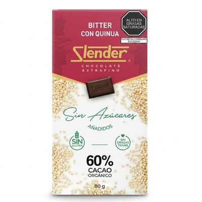 Slender Chocolate Bitter con Quinoa Sin Azúcar Orgánico 60% Cacao barra 80g