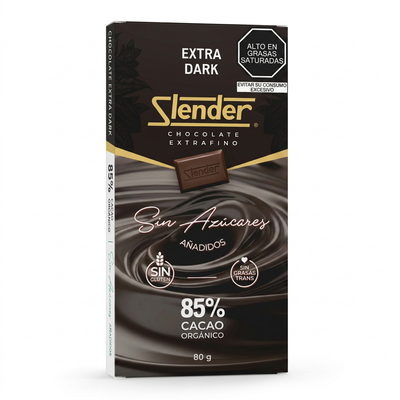 Slender Chocolate Oscuro 85% Cacao Orgánico Sin Azúcar Sin Gluten tableta 80g