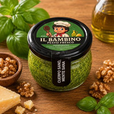 Il Bambino Pesto Artesanal con Albahaca Fresca y Aceite de Oliva Extra Virgen 220g frasco de vidrio